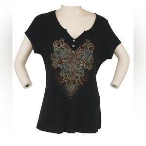 Ribbed Short Sleeve Boho Beaded Top SIZE XL NWOT